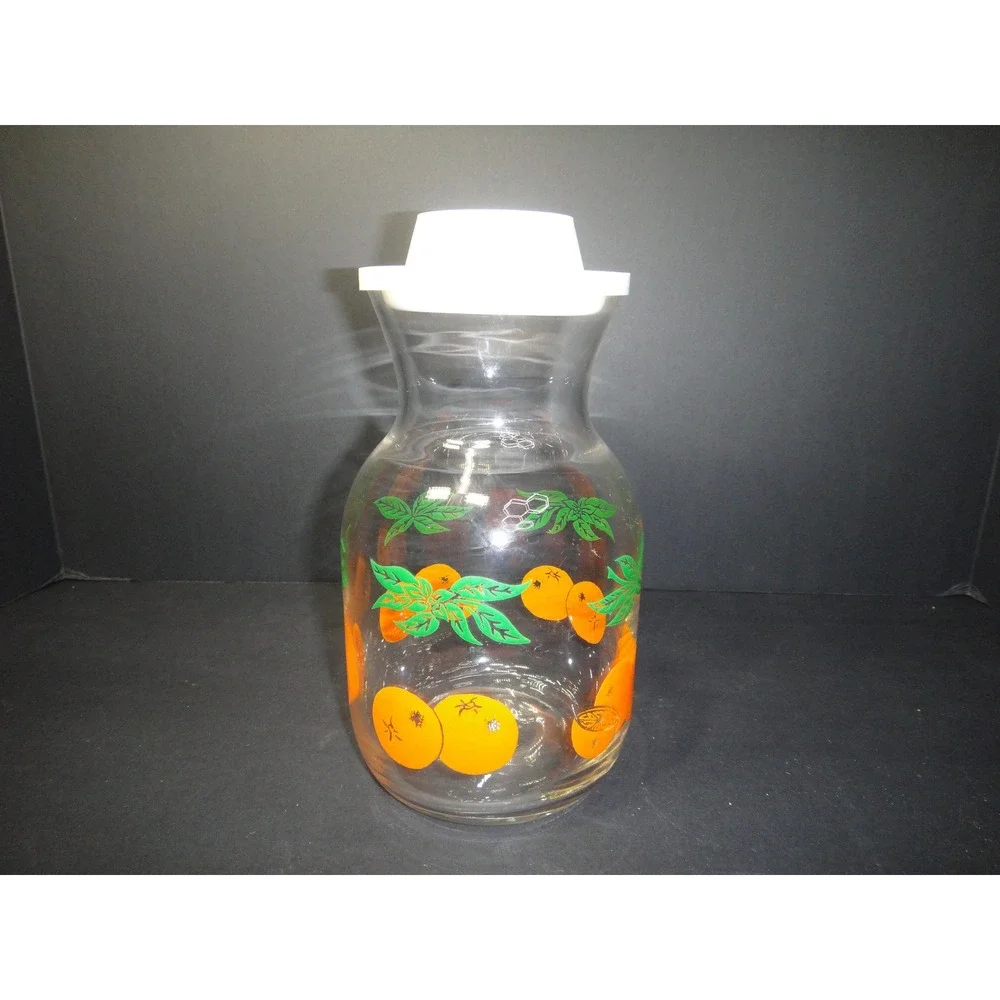 Vintage 1970s Glass Juice Carafe Pitcher Orange Fruit Print White Lid 8.5 Inch
